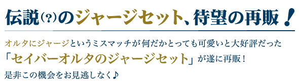 伝説（？）のジャージセット、待望の再販！
    オルタにジャージというミスマッチが何だかとっても可愛いと大好評だった「セイバーオルタのジャージセット」が遂に再販！
    ジッパーはキッチリ上まで上げておくのがオルタ流♪是非この機会をお見逃しなく♪