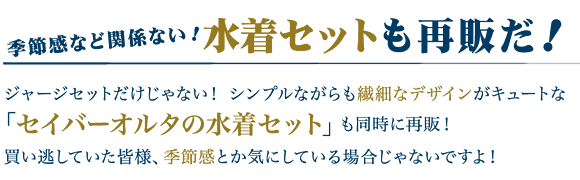 季節感など関係ない！　水着セットも再販だ！
    ジャージセットだけじゃない！　シンプルながらも繊細なデザインがキュートな「セイバーオルタの水着セット」も同時に再販！
    買い逃していた皆様、季節感とか気にしている場合じゃないですよ！