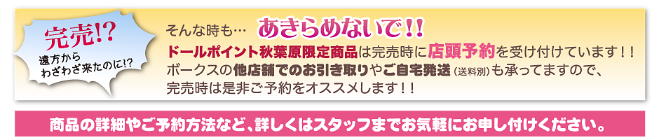 ドルポ秋葉原限定商品は、完売時に店頭予約も受付。他店舗引き取り・ご自宅配送も可能です！